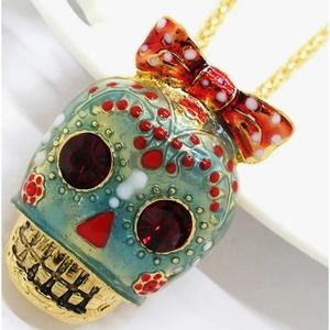 Betsey Johnson sugar skull with red bow pendant necklace gold chain